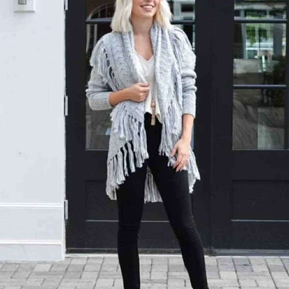Anthropologie BB Dakota Karli Fringe Cream Long Cable Knit Wool Shawl Cardigan - Picture 2 of 16